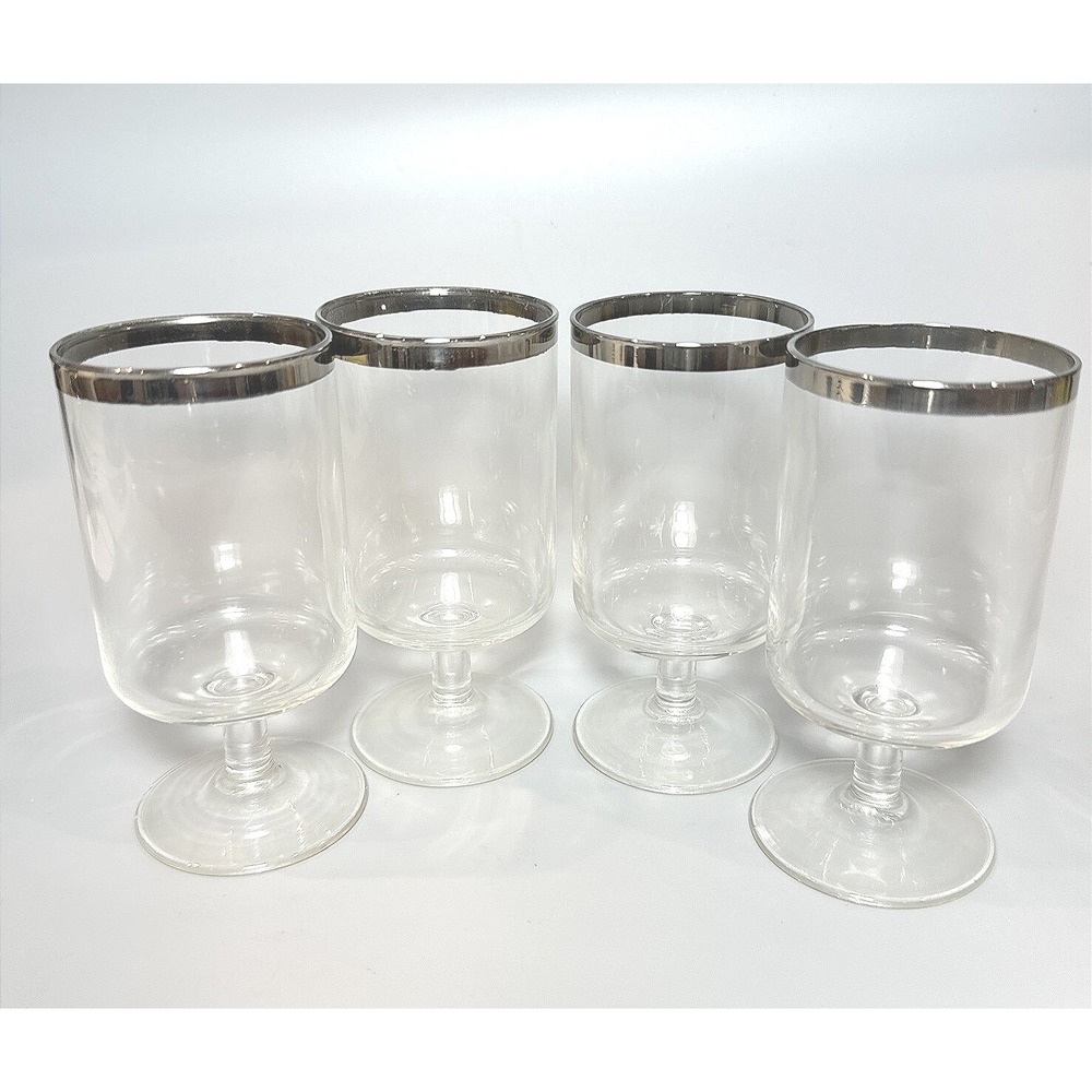 Vintage Silver Rim Footed Glasses Set of 4 Clear Glass Short Stem Barware 4.5"